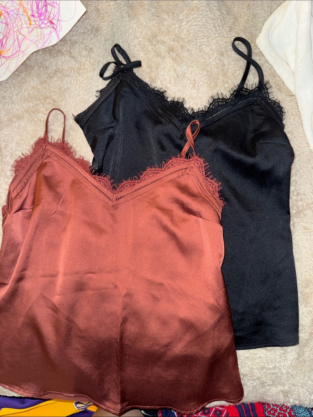 Black Rust Lace Trim Satin Cami Tops